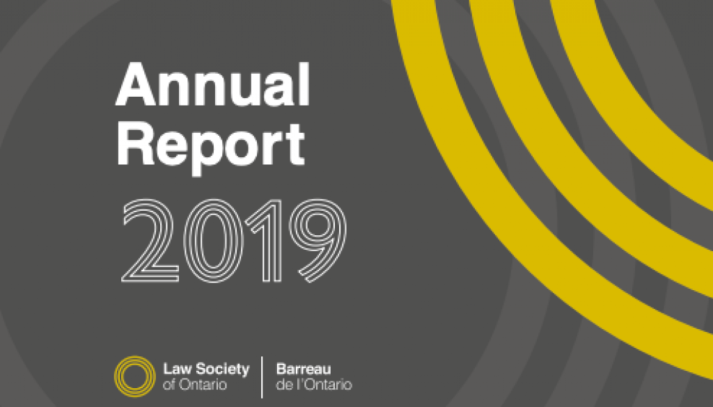 Front cover with the title "Annual Report 2019" and the logo of the Law Society of Ontario