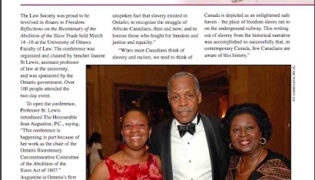 Picture of article from the Ontario Lawyers' Gazette magazine. The article title is "Ottawa conference marks 200th anniversary of abolition of slavery in the British Empire". (Writer, Copy Editor of magazine)