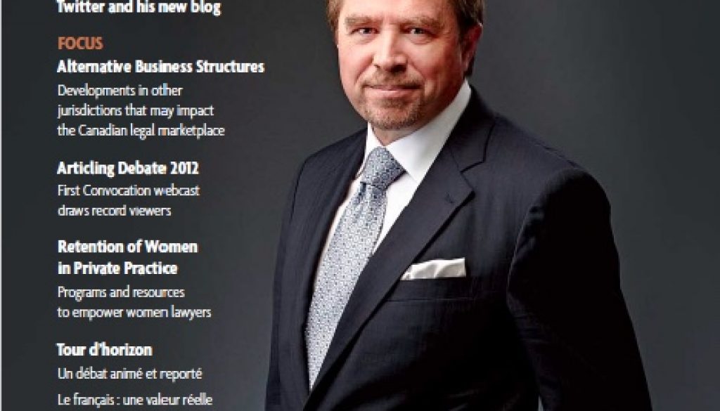 Cover of Law Society Gazette magazine, Fall 2012 issue; Then-Treasurer Thomas Conway on cover