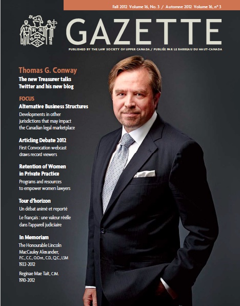 Cover of Law Society Gazette magazine, Fall 2012 issue; Then-Treasurer Thomas Conway on cover