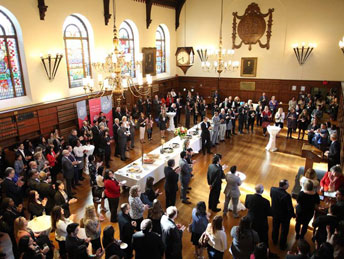 Overhead shot of reception party for new paralegals in Osgoode Hall