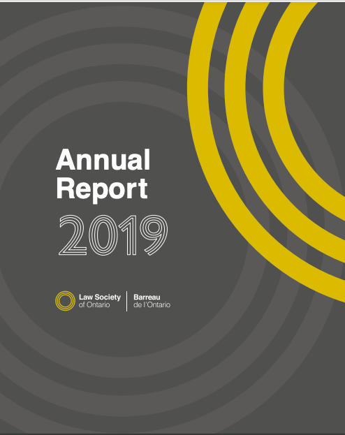 Front cover with the title "Annual Report 2019" and the logo of the Law Society of Ontario